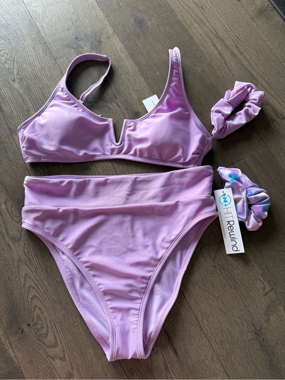 Lilac Purple High-Waist Bikini Set with 2 Scrunchies. NWT. Size L : 11-13